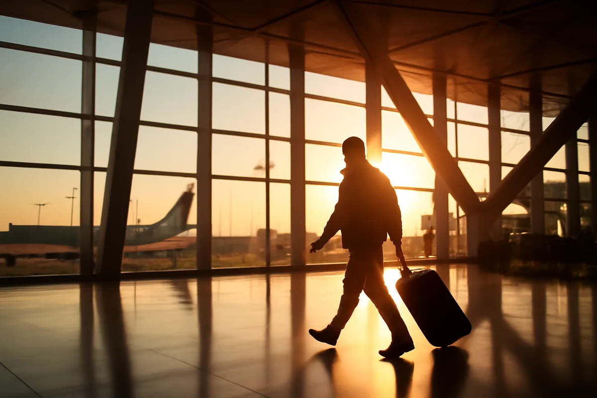Silhouette of a traveler walking through a modern airport terminal with large windows and aircraft visible outside during golden hour