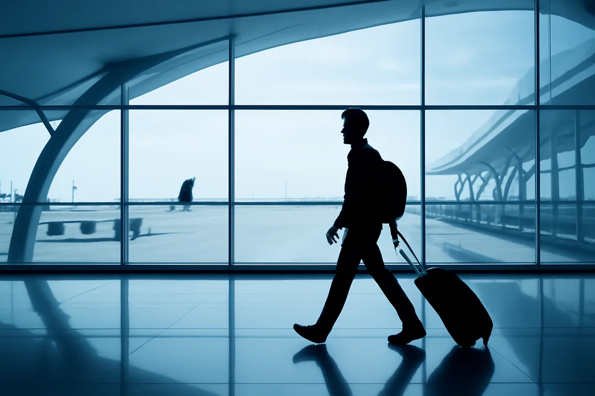 Silhouette of a traveler walking through a modern airport terminal with large windows and planes visible outside