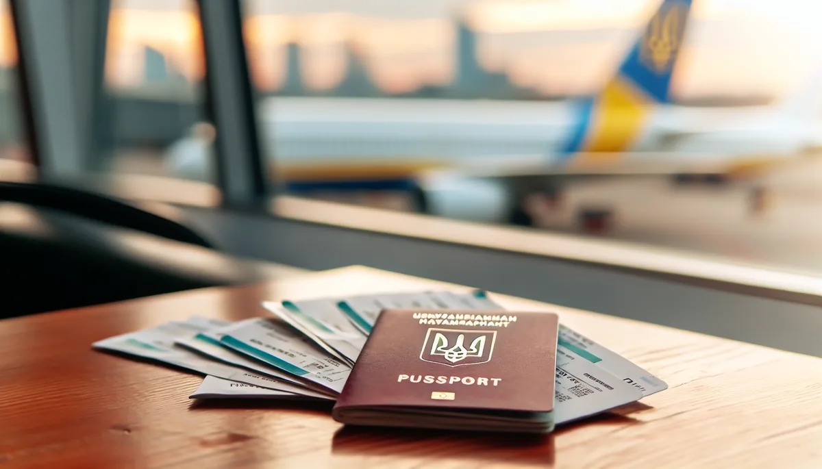 Ukrainian passport and boarding passes on a wooden surface with a blurred European cityscape visible through an airport window in the background