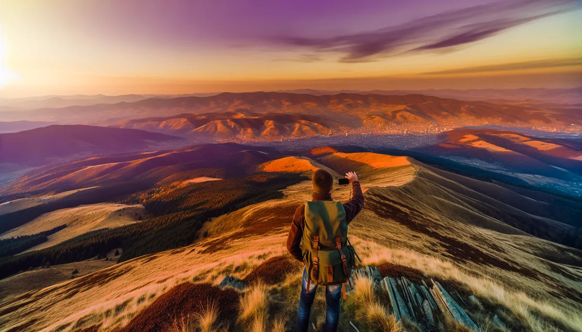 Silhouette of a traveler with backpack standing at a mountain viewpoint overlooking a vast landscape with rolling hills and distant settlements during golden hour