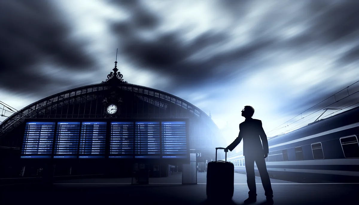 Silhouette of a traveler standing at a European train station under an overcast sky, conveying the challenges and limitations of modern travel connectivity