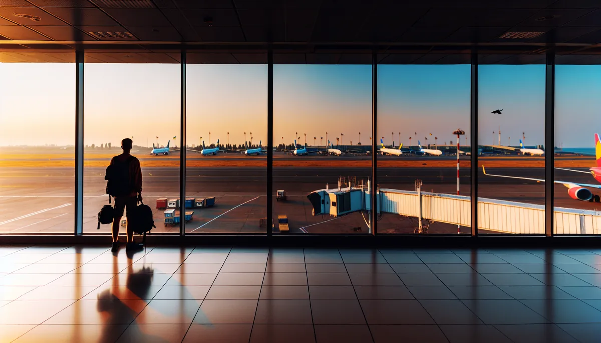 Silhouette of a traveler with backpack standing at airport departure gate during golden hour, with airplanes visible through large windows