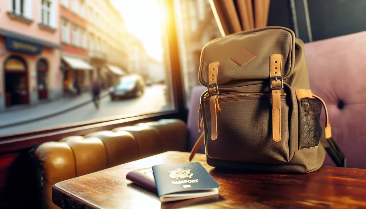A traveler's backpack and passport resting on a wooden cafe table with warm sunlight and a blurred European street scene in the background