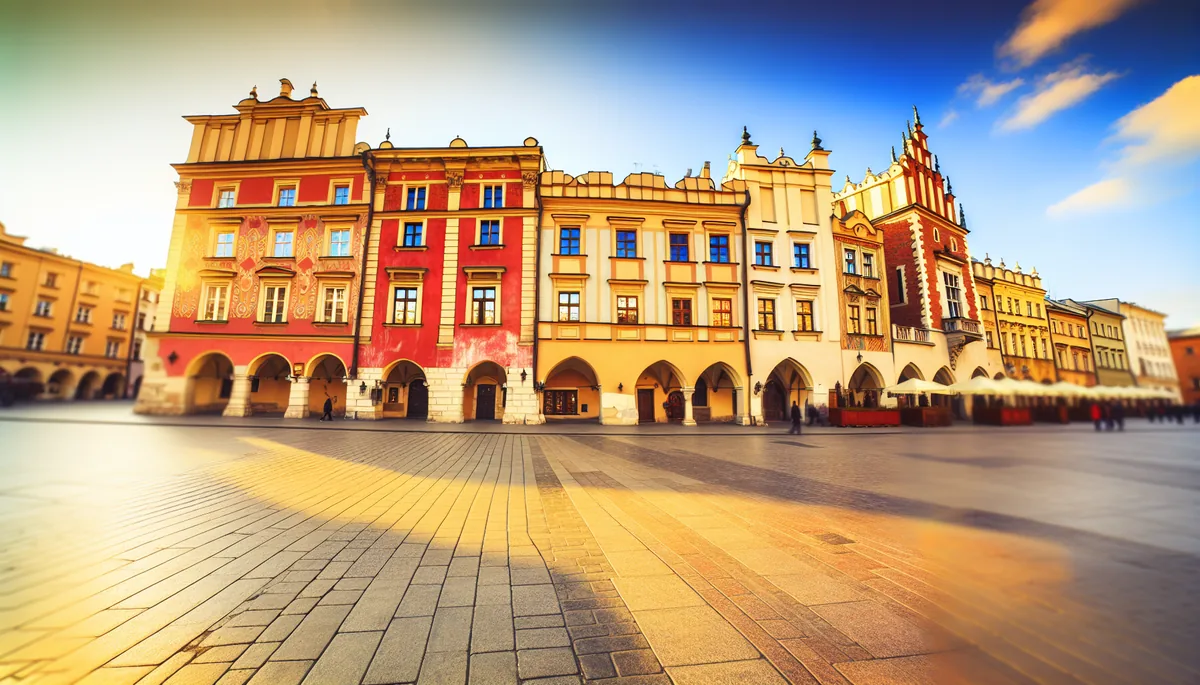 Historic colorful buildings surrounding the main square in Krakow's Old Town, Poland, with warm golden lighting and people walking in the distance