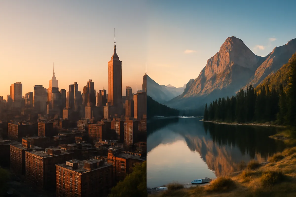 A panoramic landscape showing a seamless visual transition between a modern city skyline and peaceful mountain scenery bathed in golden hour light