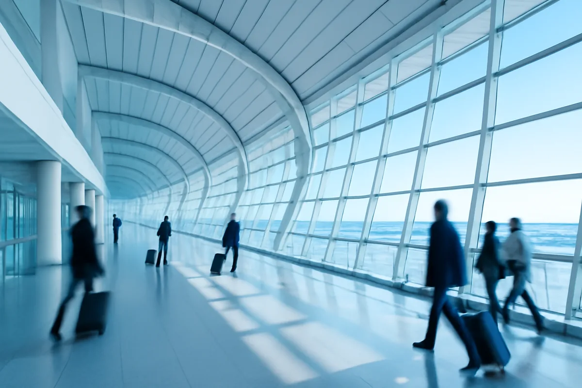 Modern airport terminal interior with travelers walking through bright, spacious corridors with curved glass architecture