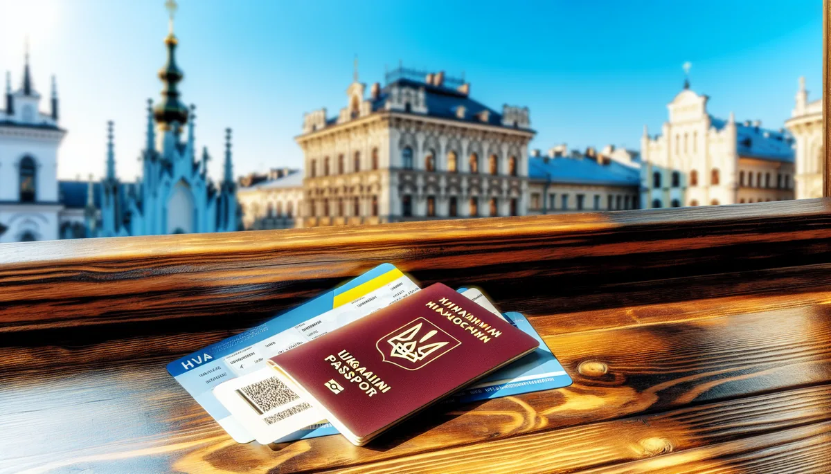 Ukrainian passport and boarding passes on a wooden table at a cafe with a European city view through the window in warm afternoon light