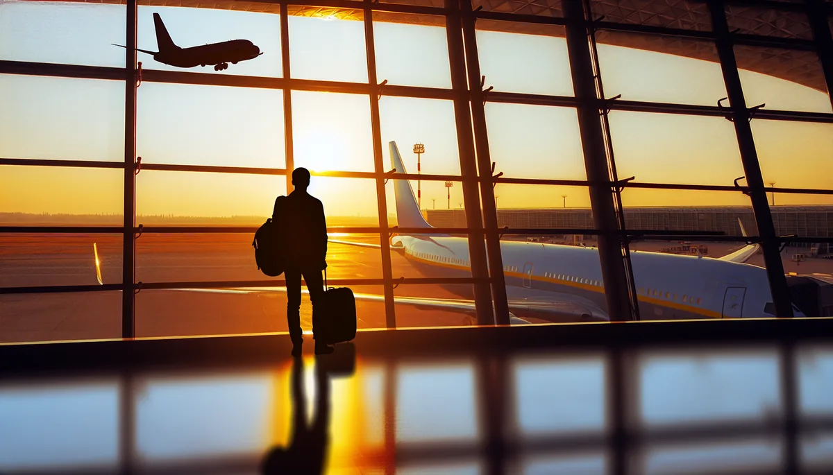 Silhouette of a traveler at an airport departure gate during sunset, with airplane wing visible through terminal windows