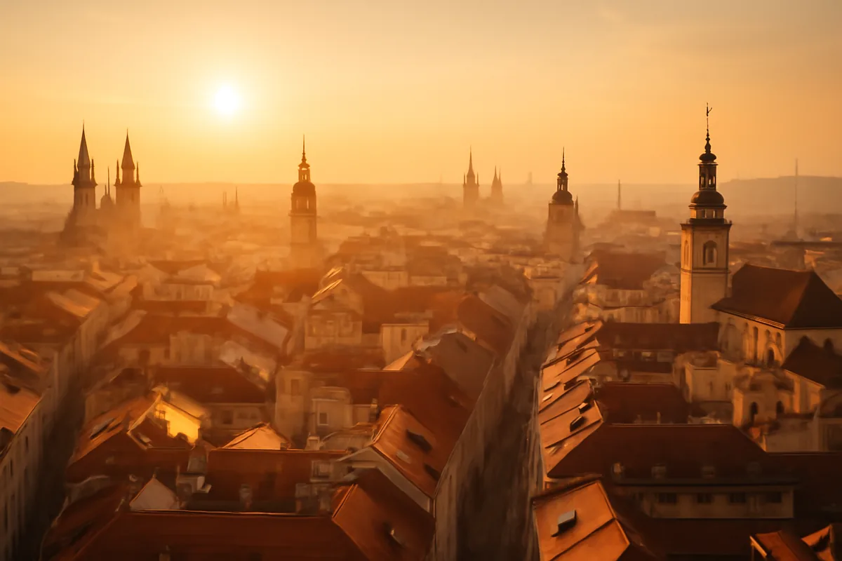 Aerial panoramic view of a historic European city at golden hour, with warm amber light illuminating rooftops and architectural landmarks stretching toward the horizon