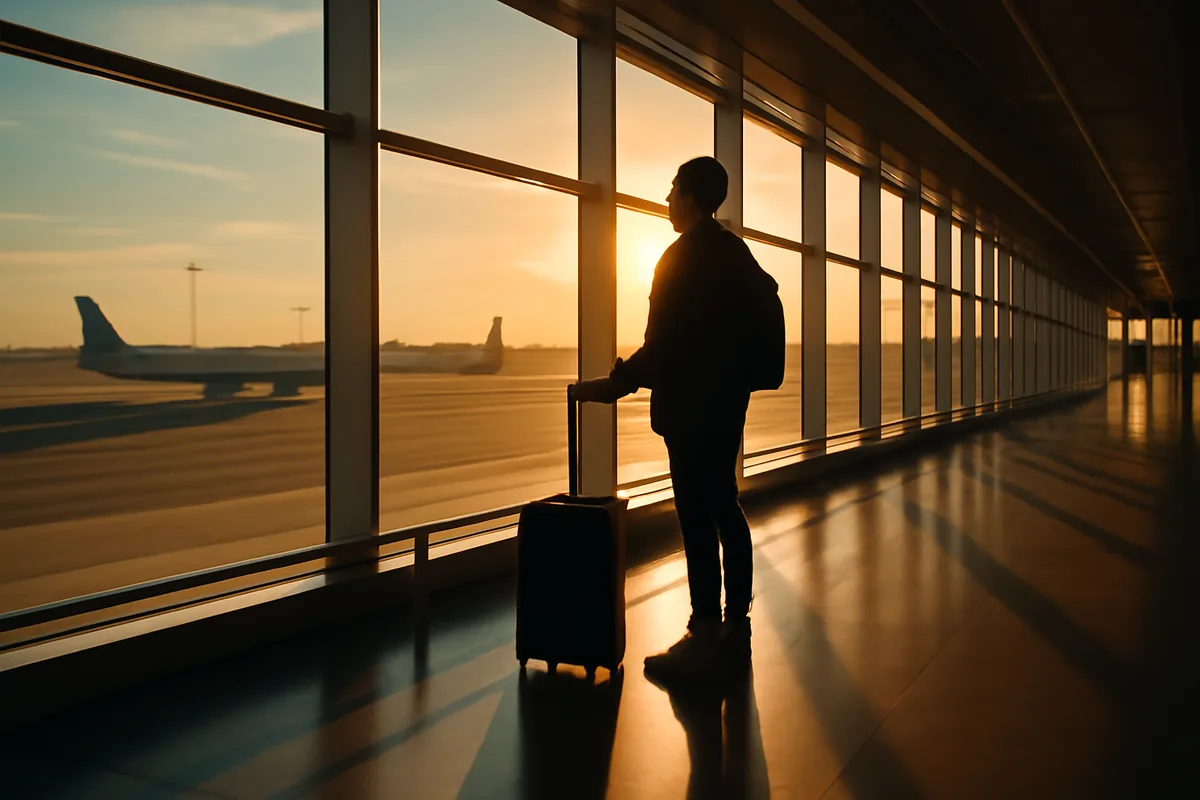 A silhouetted traveler with luggage standing in a bright, modern airport terminal with large windows overlooking planes on the tarmac during golden hour