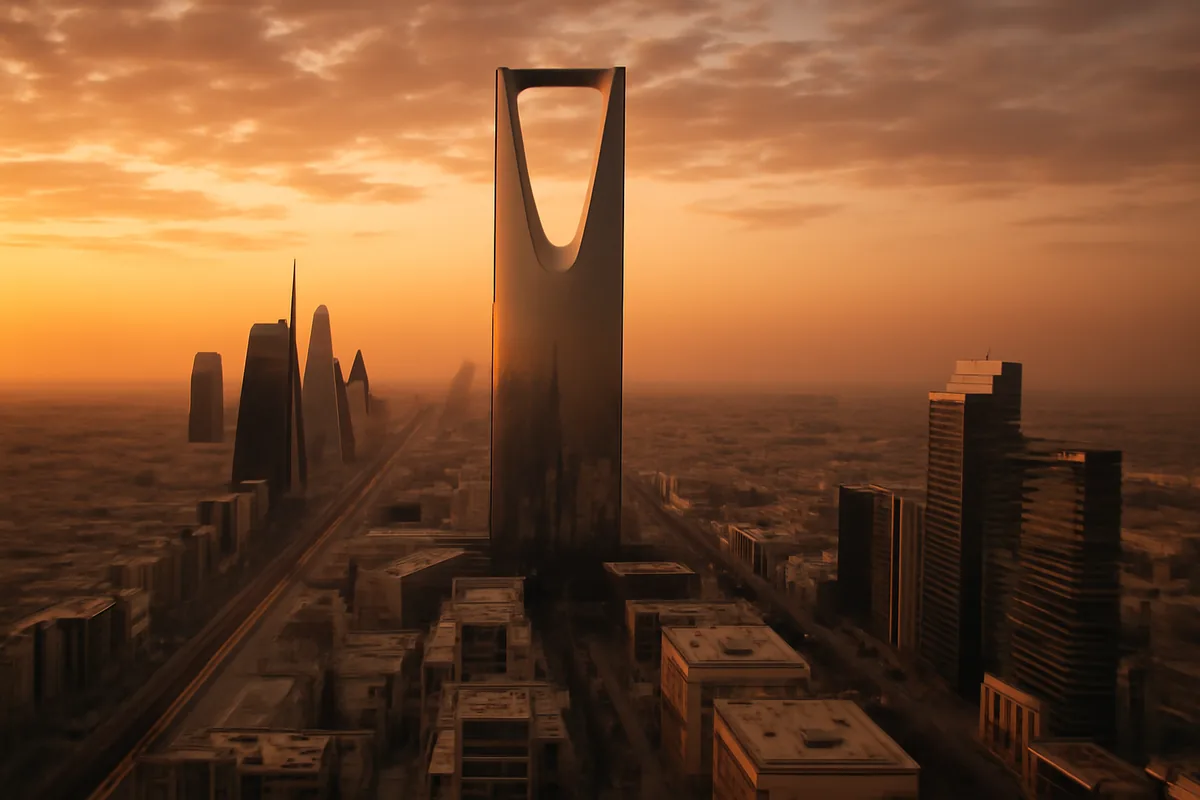 Aerial panoramic view of Riyadh, Saudi Arabia skyline at sunset, with the iconic Kingdom Centre Tower and modern skyscrapers glowing in warm golden light