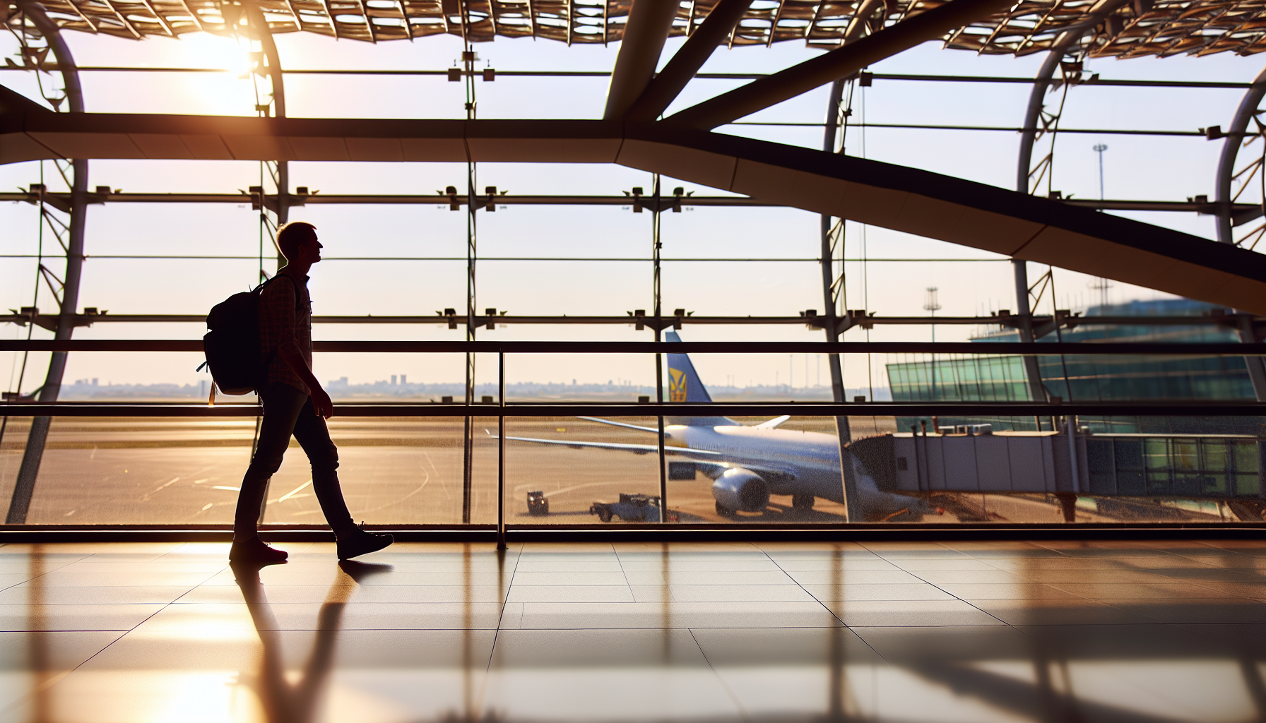 Silhouette of a traveler walking through a modern airport terminal with large windows showing planes outside during golden hour