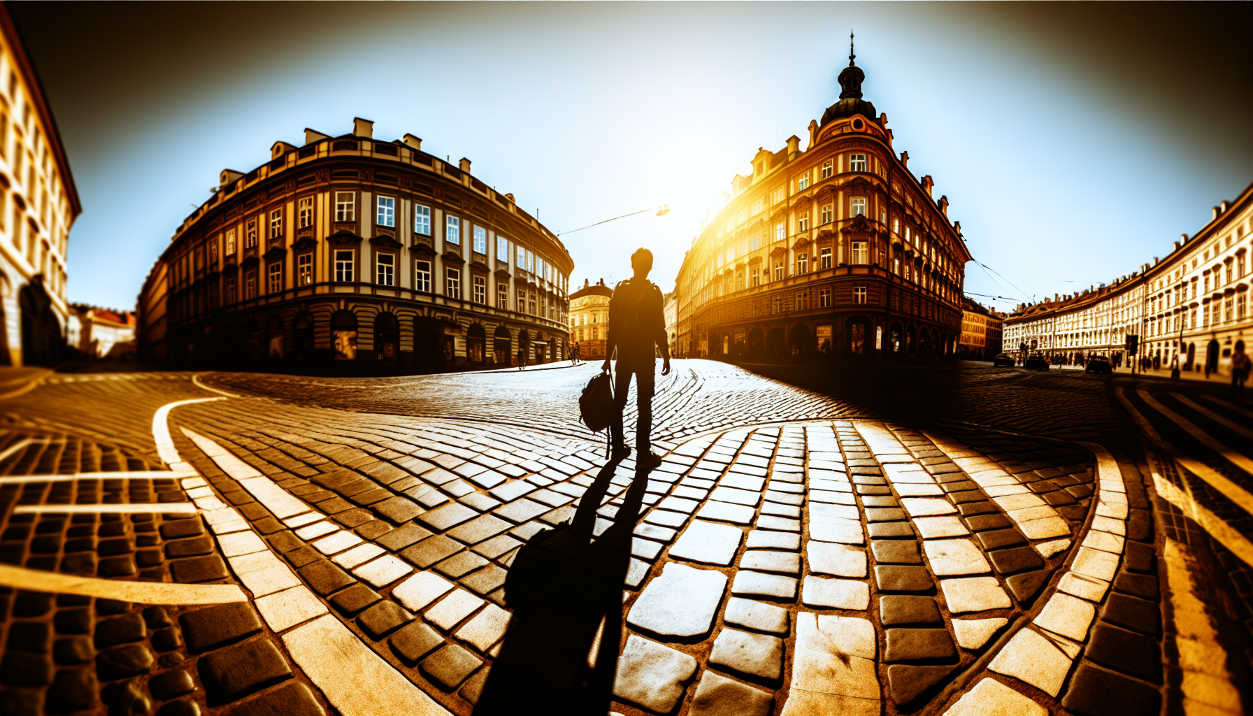 A traveler's silhouette standing at a busy intersection in a European city with historic architecture and cobblestone streets during golden hour