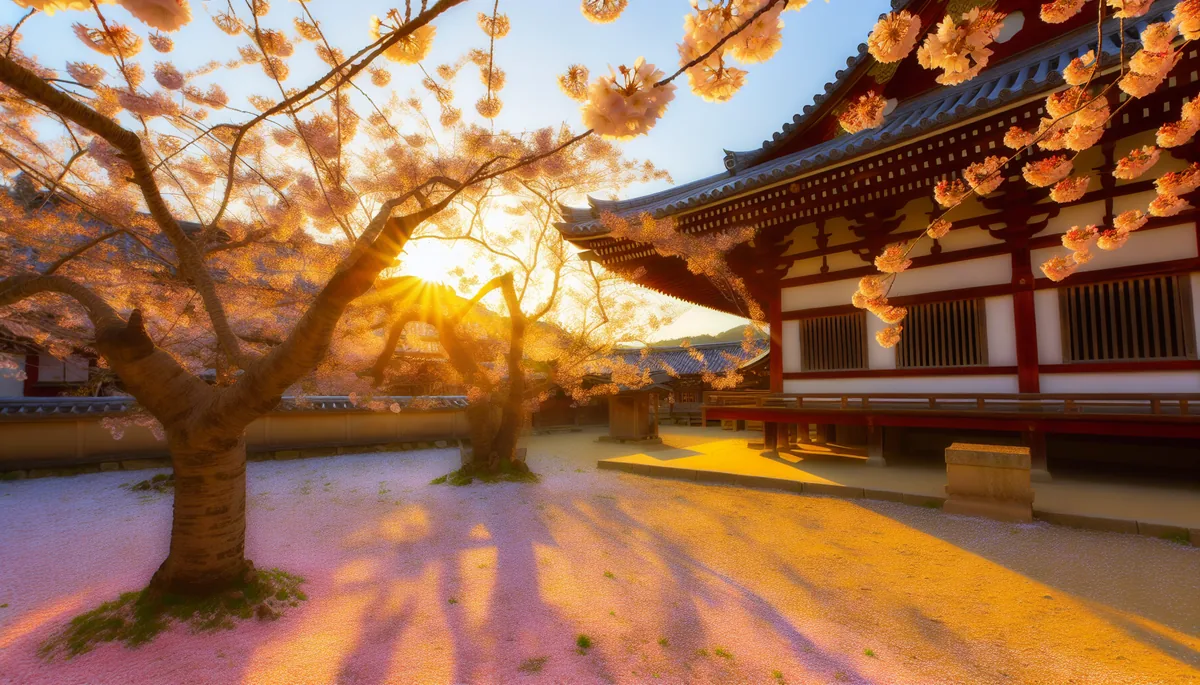 Beautiful spring scene with cherry blossom petals floating over a traditional Asian temple courtyard during golden hour