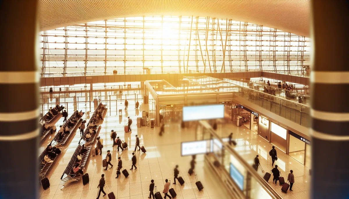 Modern airport departure hall with travelers and luggage during golden hour, capturing the atmosphere of spring travel preparation