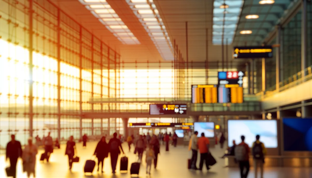 Busy international airport terminal with travelers and luggage during golden hour, representing post-Spring Festival travel season