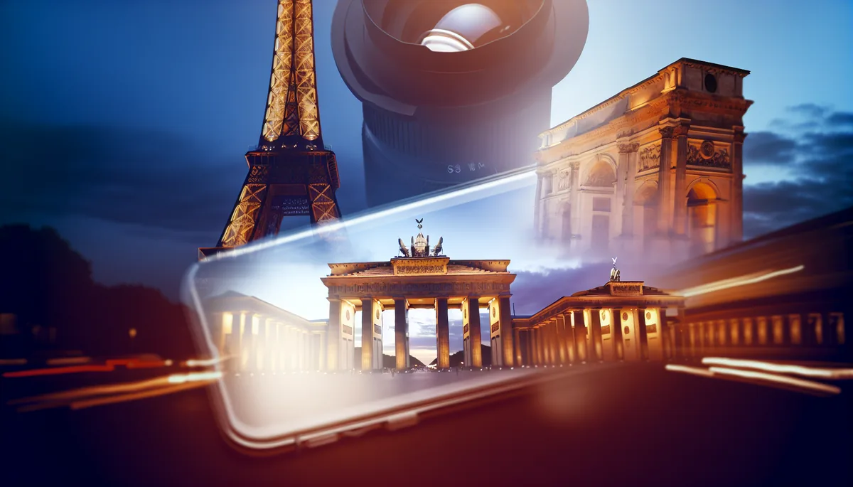 Dreamy European cityscape showing iconic landmarks from Paris, Rome, and Berlin blended together in golden hour lighting