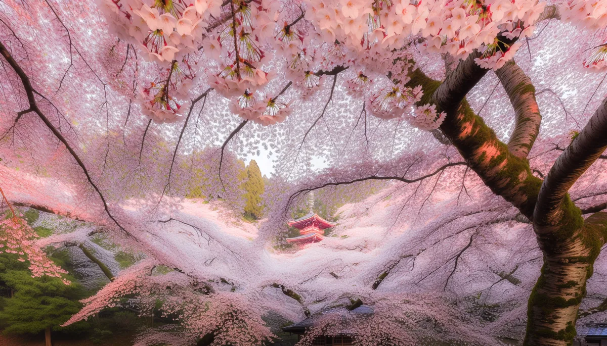 Beautiful cherry blossom trees in full bloom with pink petals creating a canopy over a traditional Japanese pagoda, captured in soft morning light