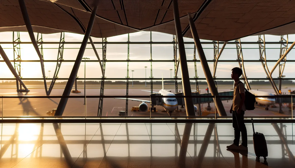 Silhouette of a traveler at an airport departure gate during golden hour, with planes visible on the tarmac through large windows