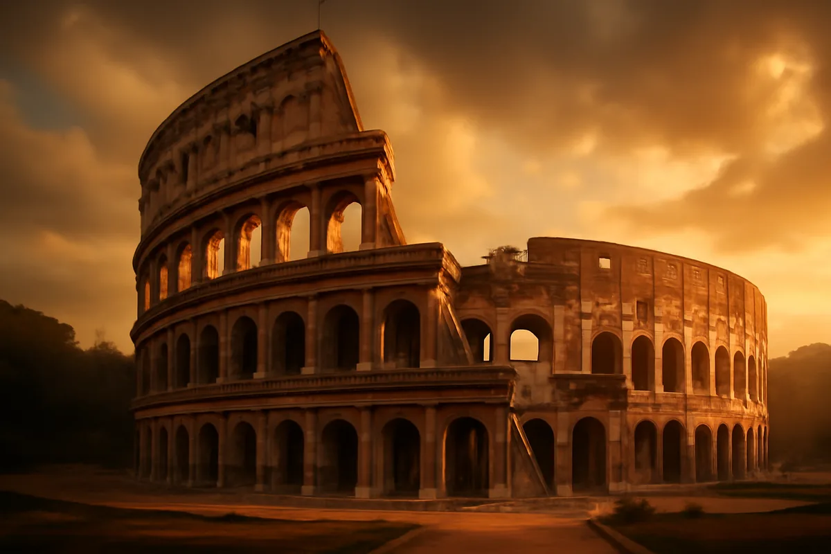 The Roman Colosseum bathed in warm golden hour light, with ancient stone arches glowing amber against a dramatic sky, captured in wide-angle travel photography style.
