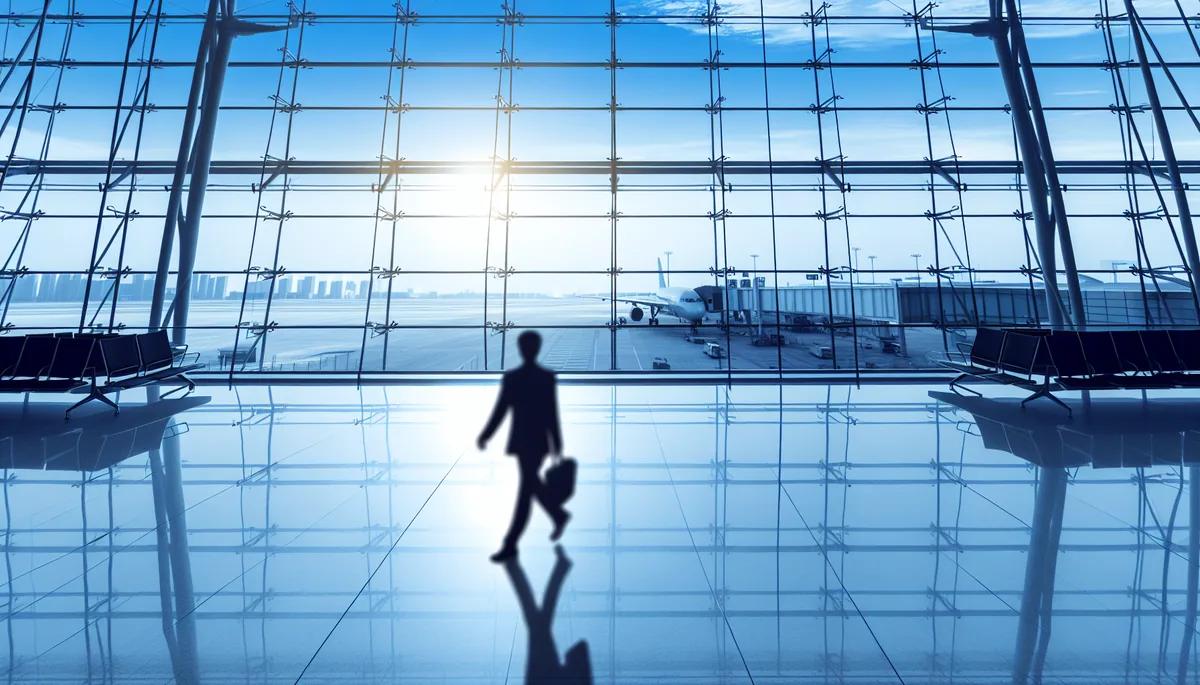 Silhouette of a traveler walking through a modern airport terminal with large windows showing planes on the tarmac