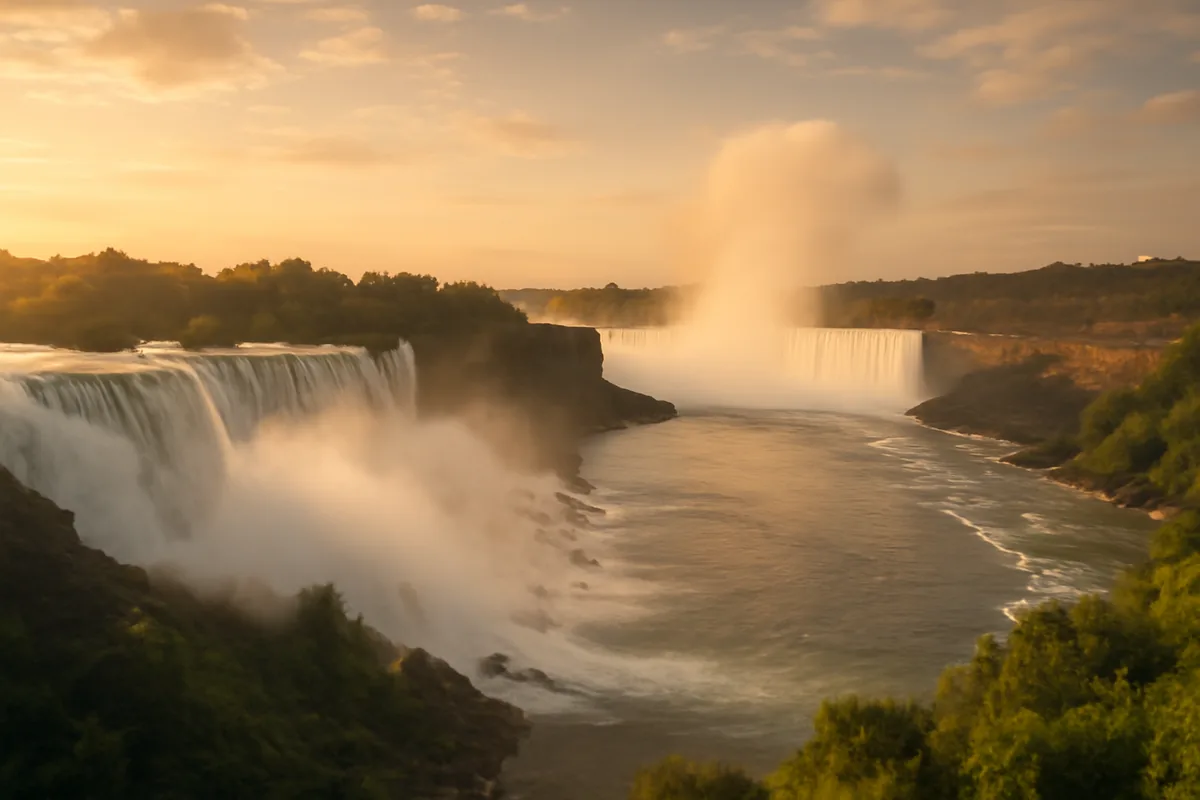 A breathtaking panoramic view of Niagara Falls at golden hour, with mist rising from the powerful cascades and lush greenery lining both the American and Canadian shores.