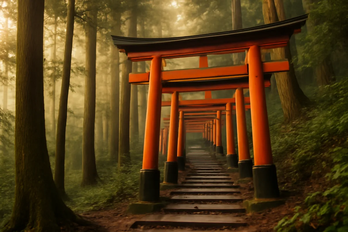 A serene pathway lined with traditional red torii gates ascending through a misty forested mountain in Japan, bathed in warm morning light