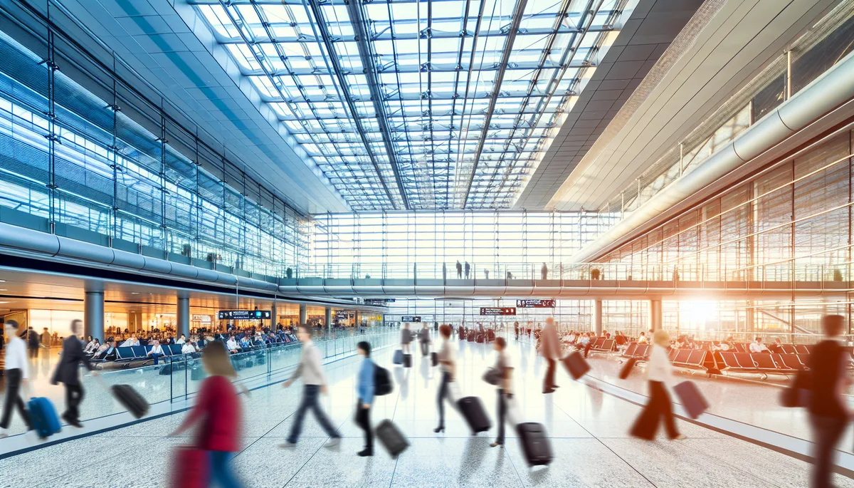 Modern international airport terminal with travelers and luggage, featuring contemporary architecture and natural lighting