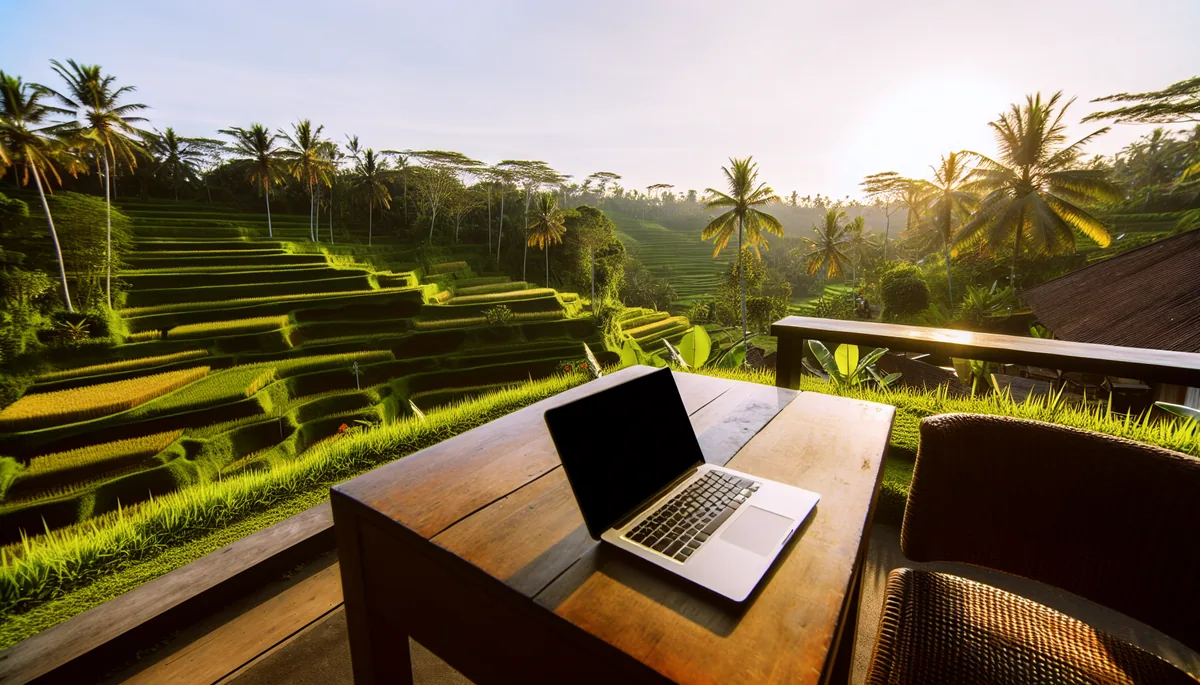 Scenic outdoor cafe workspace overlooking Bali's famous rice terraces with laptop silhouette on wooden table, surrounded by tropical vegetation in golden hour lighting
