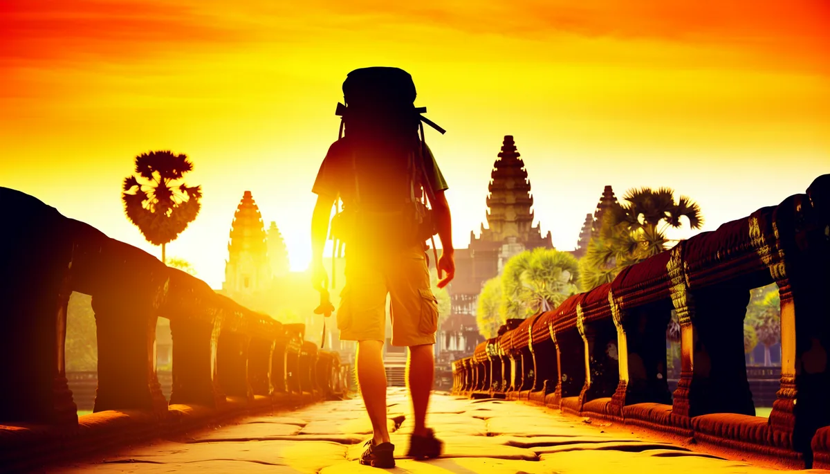 Silhouette of a backpacker walking across an ancient stone bridge at Angkor Wat temple complex during golden hour sunrise