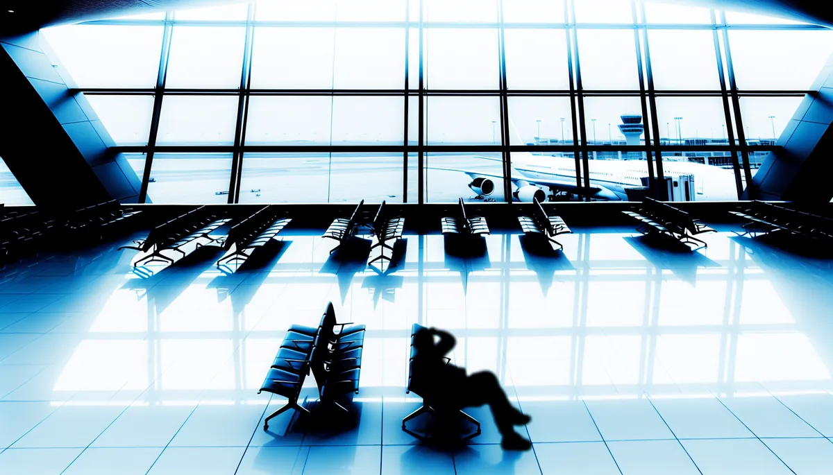 Silhouette of a traveler sitting in an airport departure lounge with planes visible through large windows