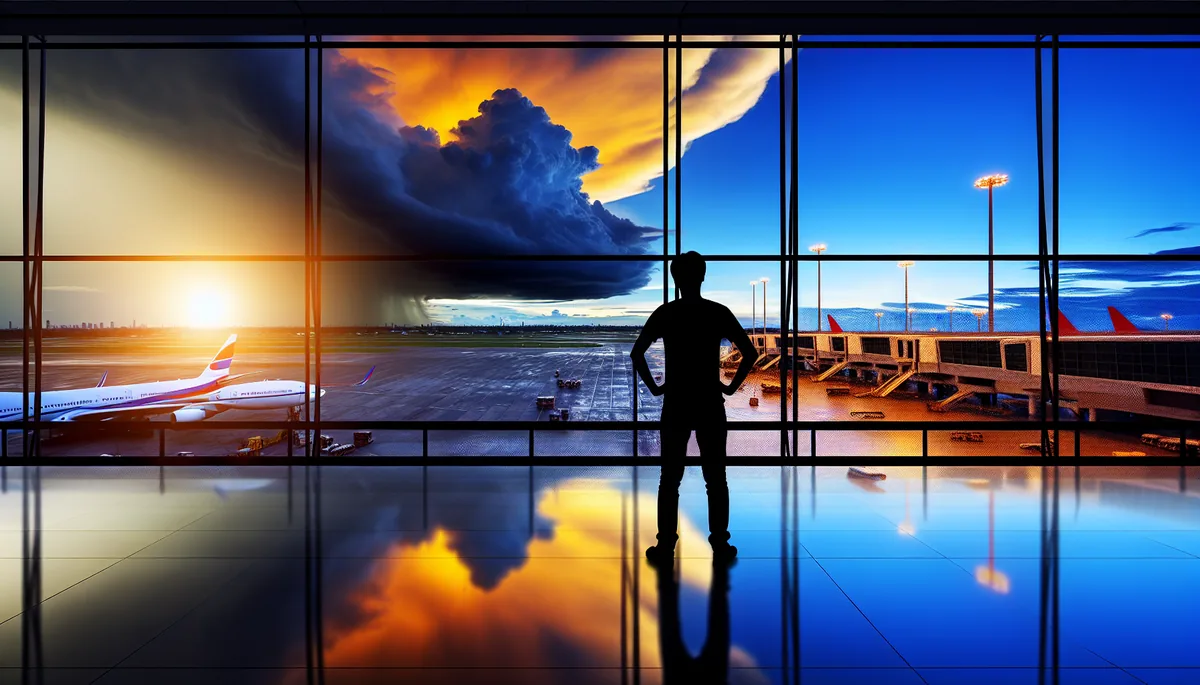 Silhouette of a traveler standing at an airport terminal window during sunset, with planes visible on the tarmac and dramatic sky in the background