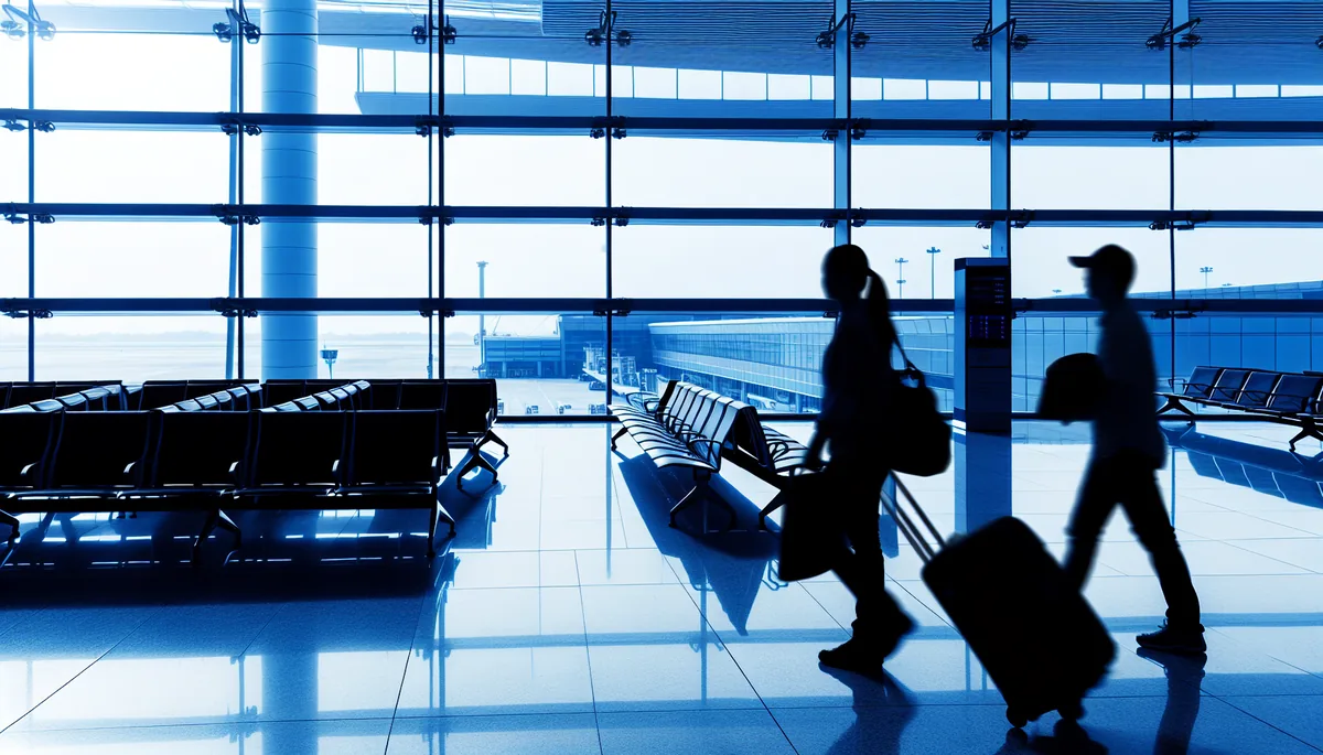Modern airport departure lounge with travelers walking towards gates, representing international travel and connectivity