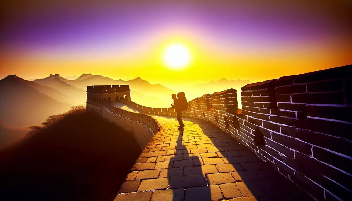 Silhouette of a traveler standing on the Great Wall of China at sunset with dramatic golden lighting and mountain vista