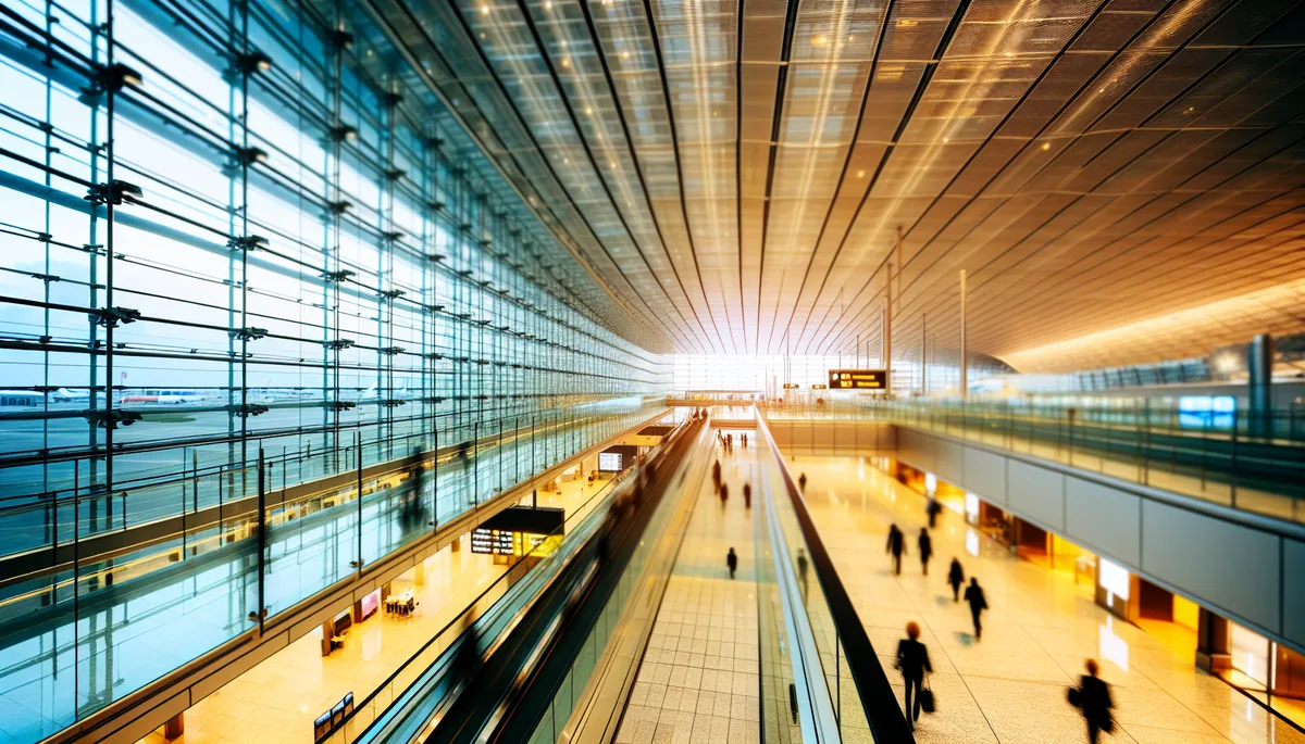 Modern international airport terminal with travelers walking through bright glass corridors during golden hour
