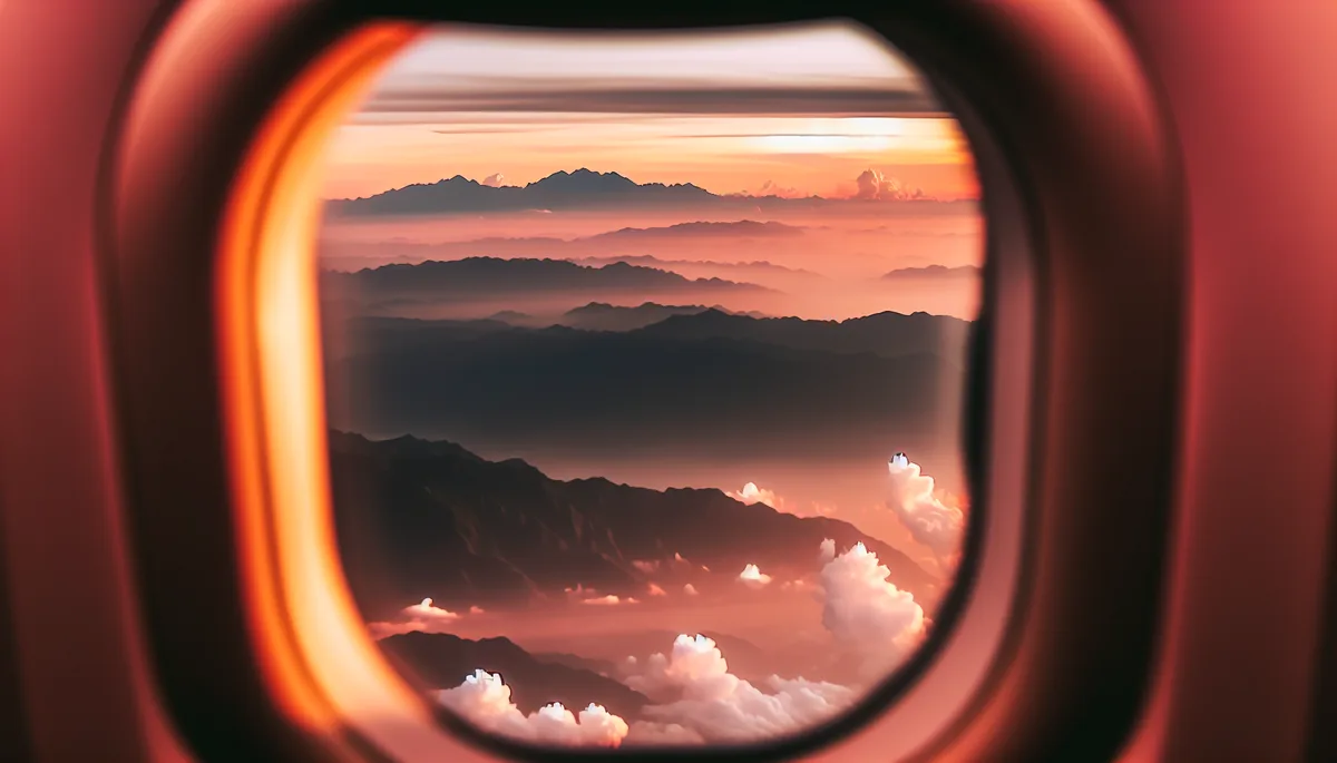 Aerial view from airplane window showing clouds and mountains during sunset with warm golden lighting