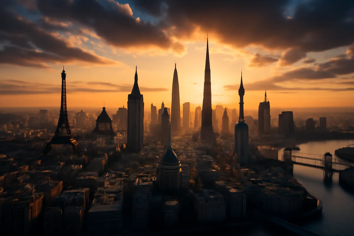 A stunning aerial panoramic cityscape at golden hour, blending iconic global landmarks under a dramatic sky with warm amber and blue tones, representing worldwide mobile connectivity and international travel.