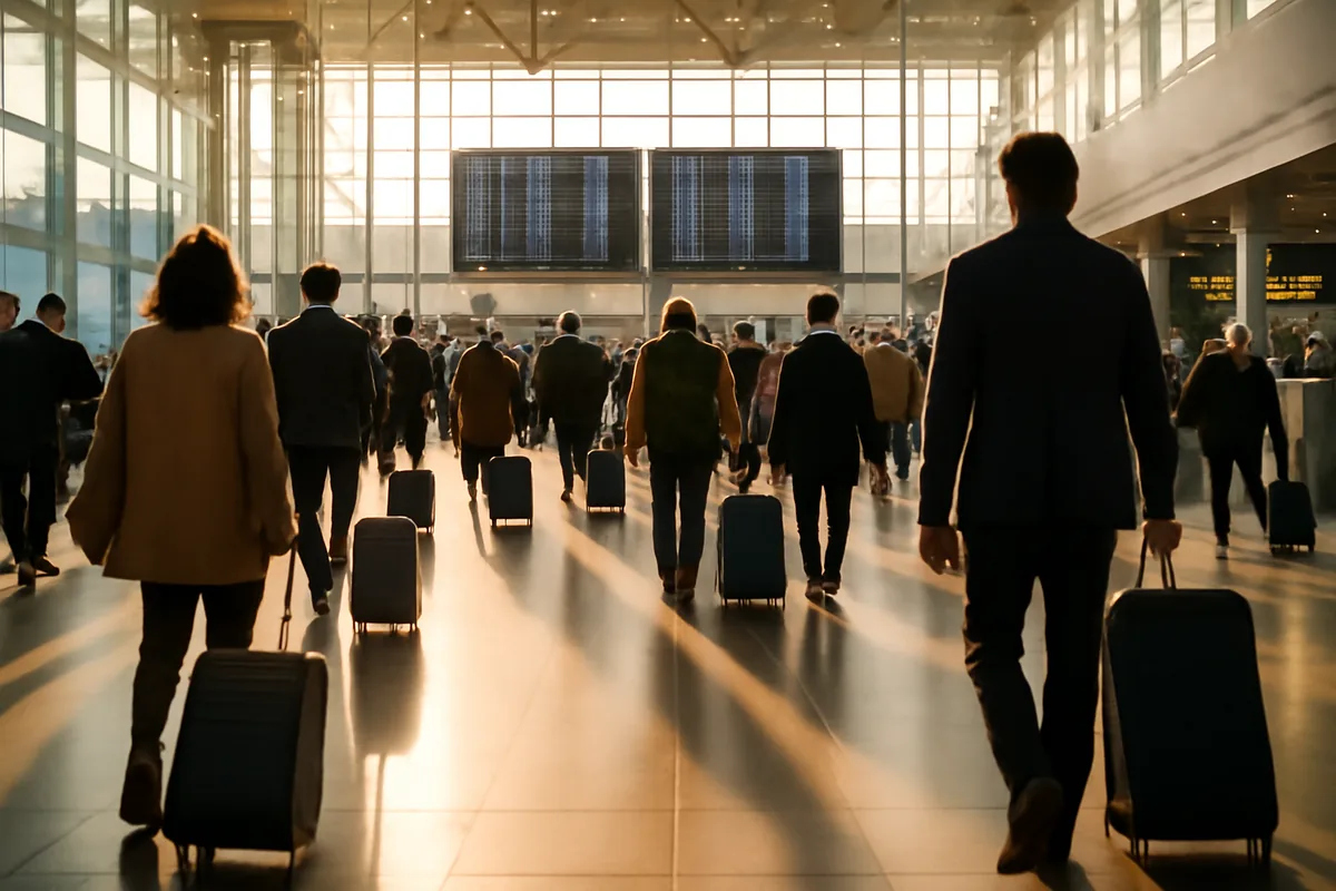 Modern airport terminal with travelers and luggage, representing international travel and connectivity planning