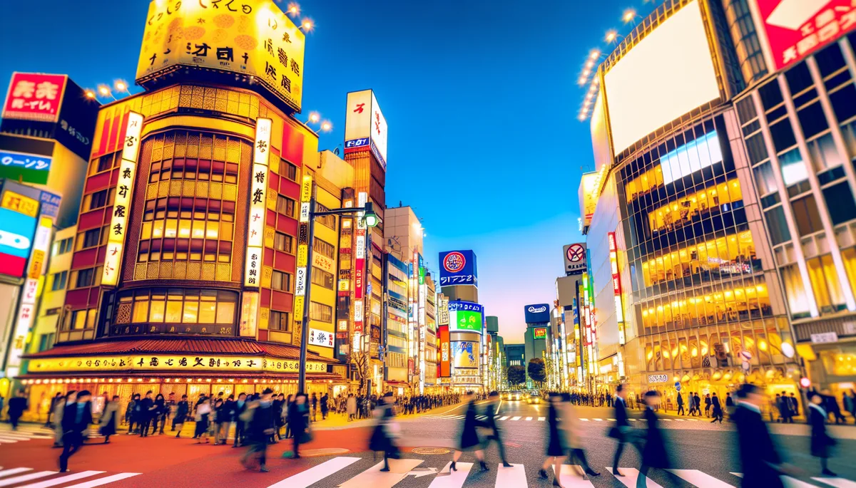 Vibrant Tokyo street scene at dusk with travelers crossing the famous Shibuya intersection, surrounded by colorful neon lights and modern architecture