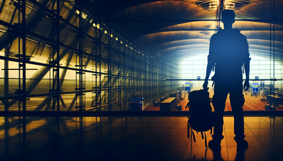 Silhouette of a traveler at an airport terminal with atmospheric lighting, conveying the theme of international travel and security awareness
