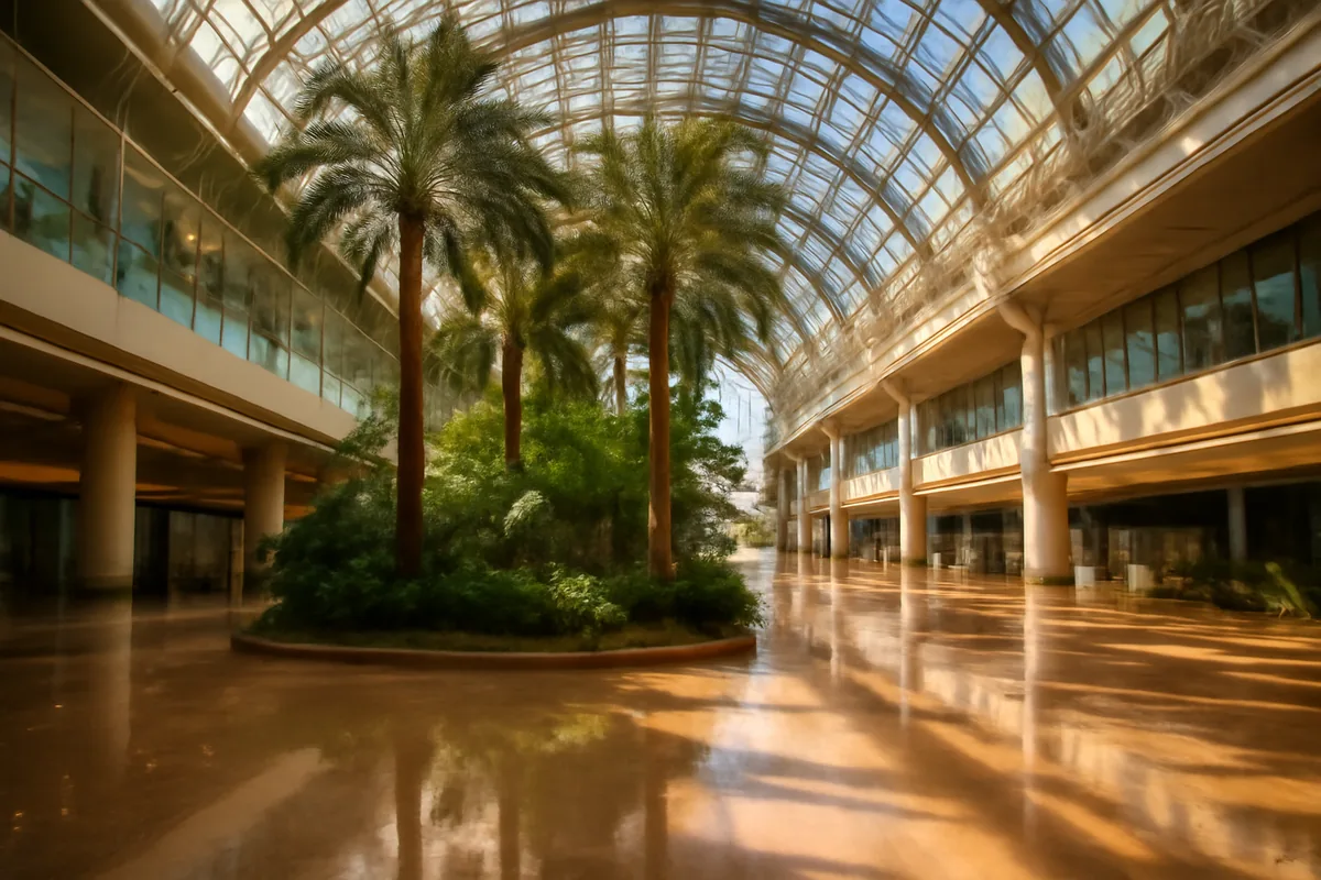 The stunning interior of Singapore Changi Airport featuring its iconic indoor tropical garden with tall palm trees, glass ceiling flooding the space with natural light, and expansive modern architecture