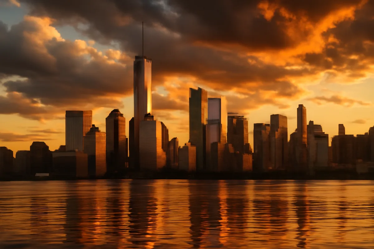 A stunning panoramic view of the New York City skyline at golden hour, with Manhattan's skyscrapers reflected in the calm Hudson River under a dramatic sunset sky.