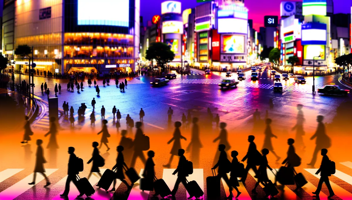 Evening view of Tokyo's busy Shibuya crossing with travelers and colorful city lights reflecting on the street
