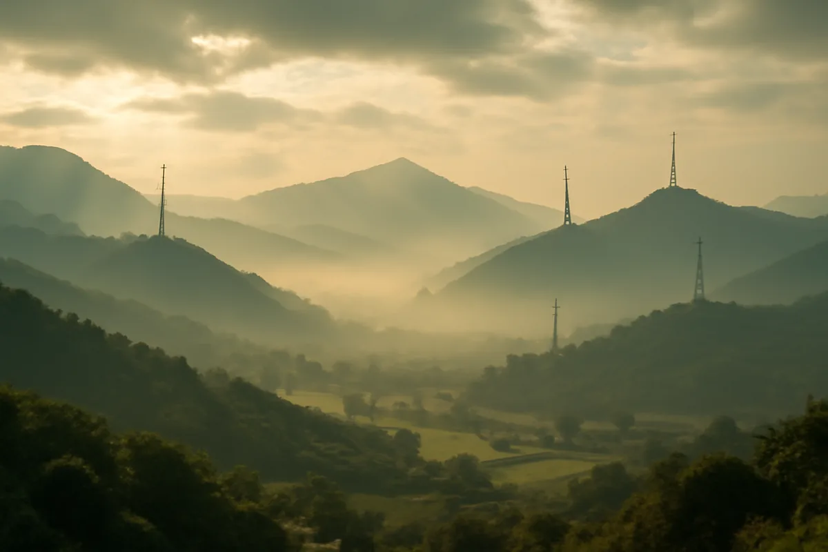 Scenic mountain valley landscape with communication towers on distant peaks, representing network coverage challenges in remote areas