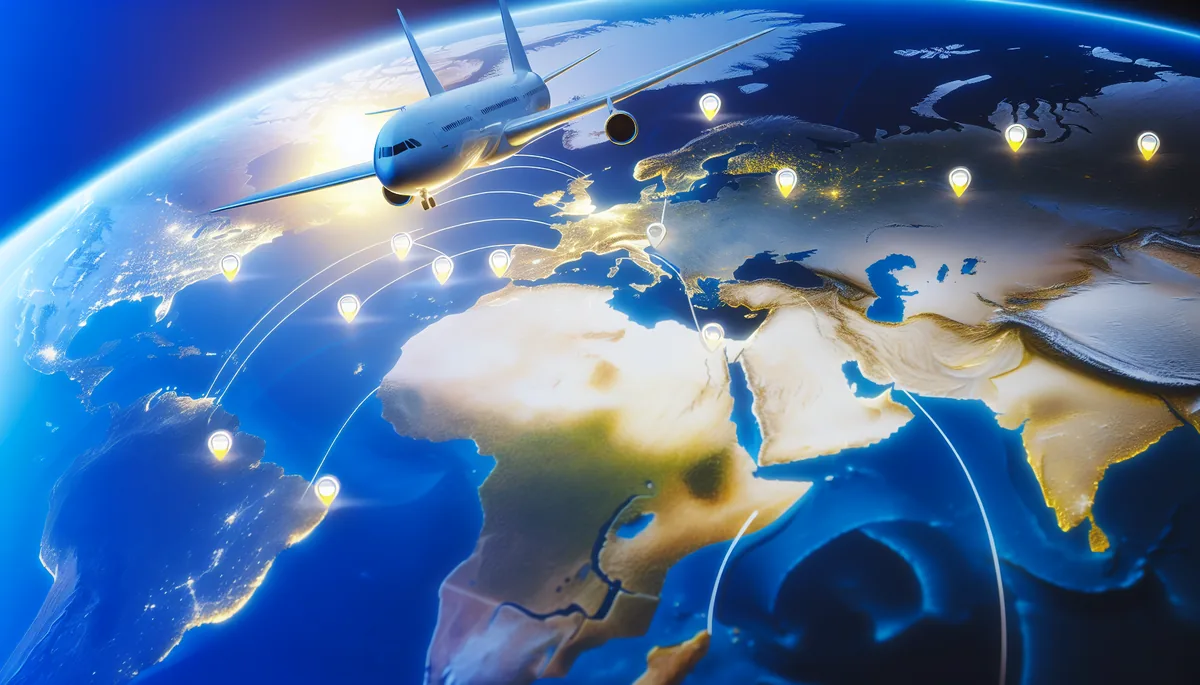 Aerial view of an airplane flying over a stylized world map with destination markers, representing international travel and global connectivity