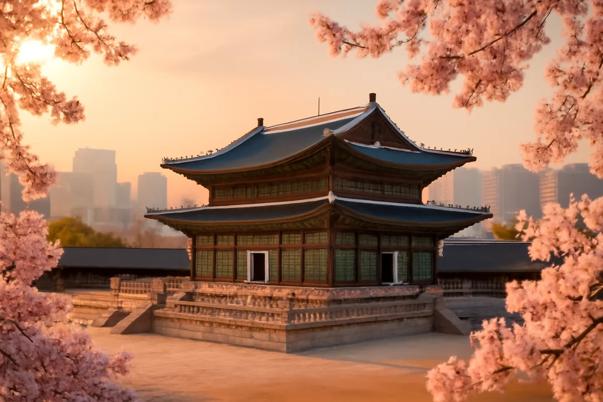 Beautiful view of Gyeongbokgung Palace in Seoul with traditional Korean architecture, cherry blossoms, and city skyline during golden hour
