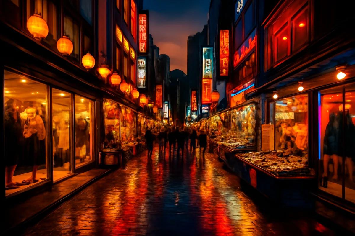 A bustling Myeongdong shopping district in Seoul at dusk, with glowing storefronts, warm lantern lights, and a lively market street atmosphere reflecting on wet pavement.