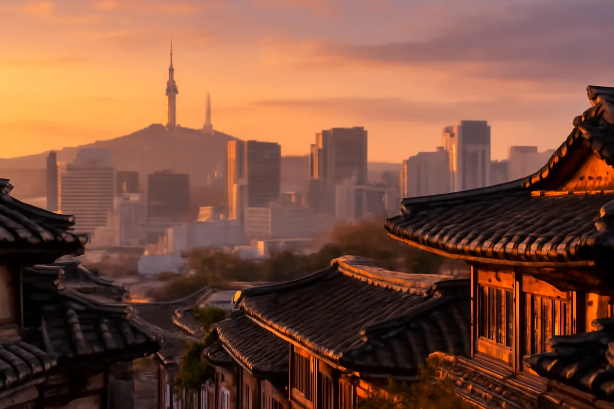 Seoul skyline at golden hour featuring Namsan Tower above a blend of traditional hanok rooftops and modern skyscrapers under a warm twilight sky