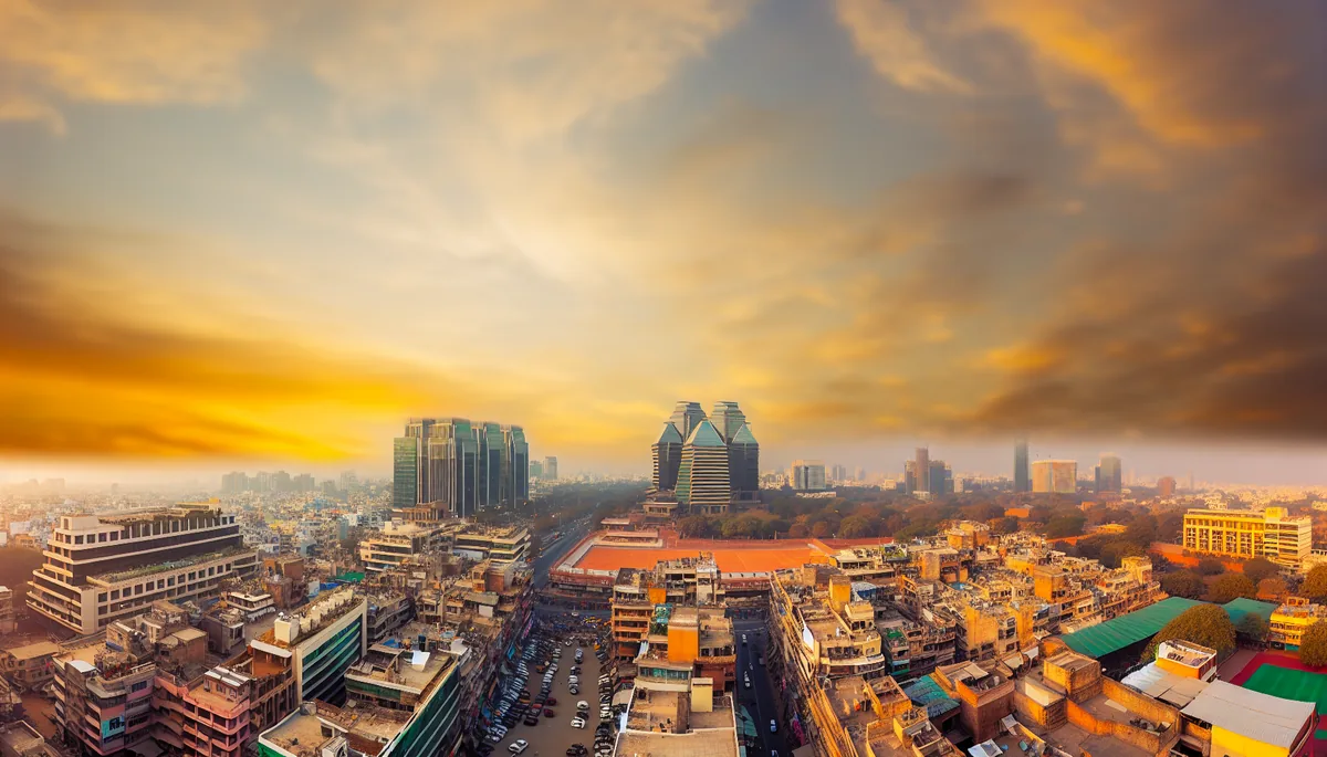 Modern business district skyline in Delhi, India with mix of contemporary glass buildings and traditional architecture during golden hour