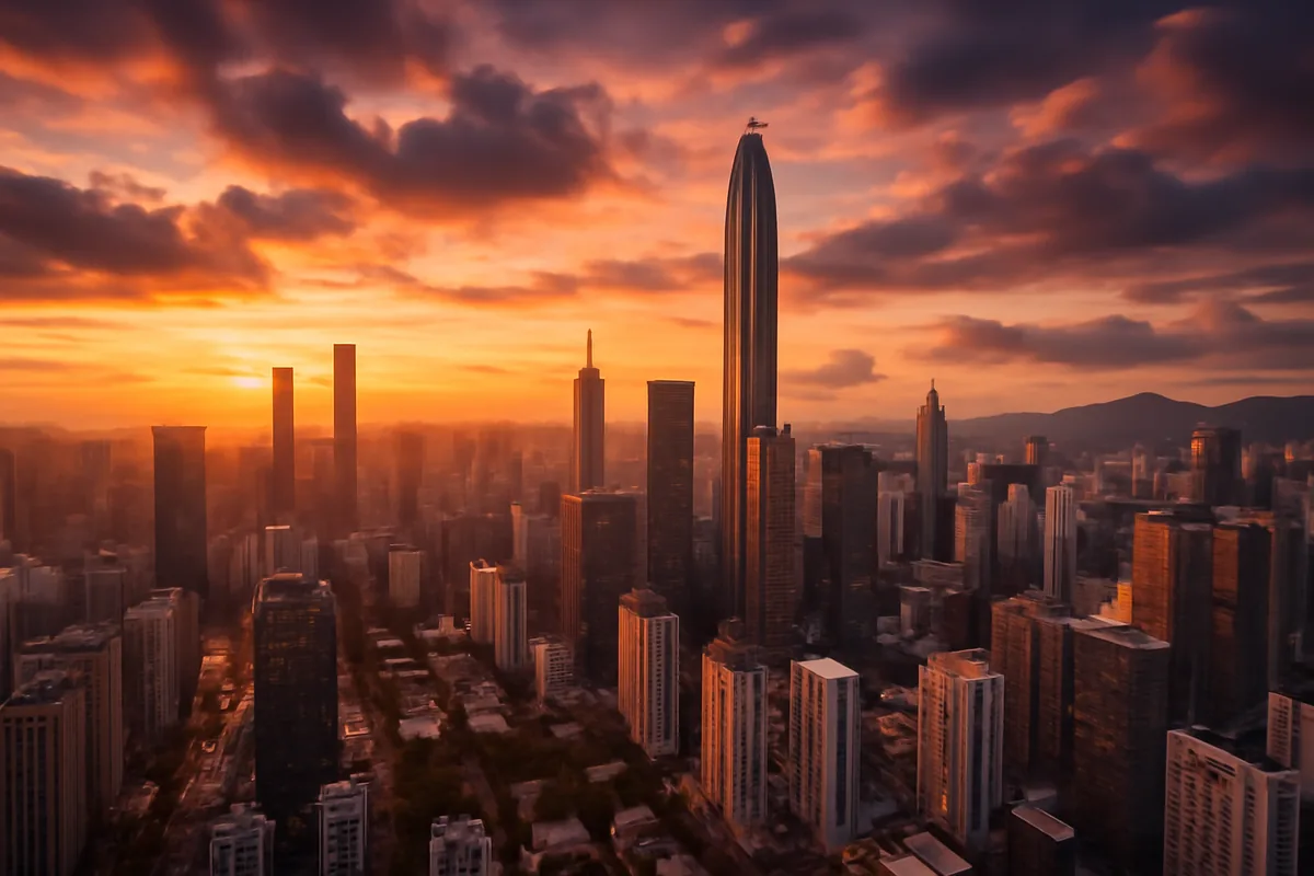 Aerial panoramic view of a modern Asian city skyline at golden hour, with skyscrapers reflecting warm sunset light against a dramatic sky